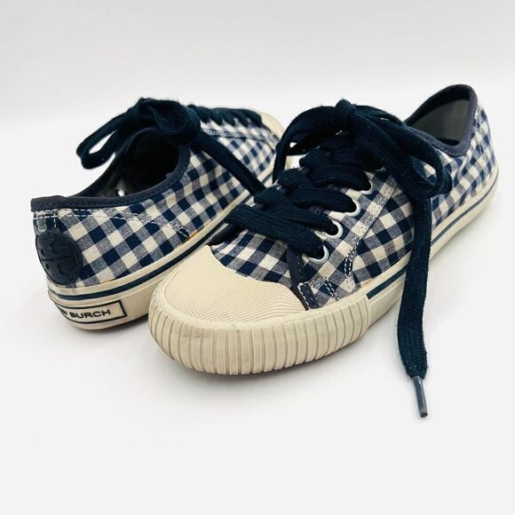 Tory Burch Canvas Printed Blue White Sneakers Size 7.5 - Picture 1 of 8